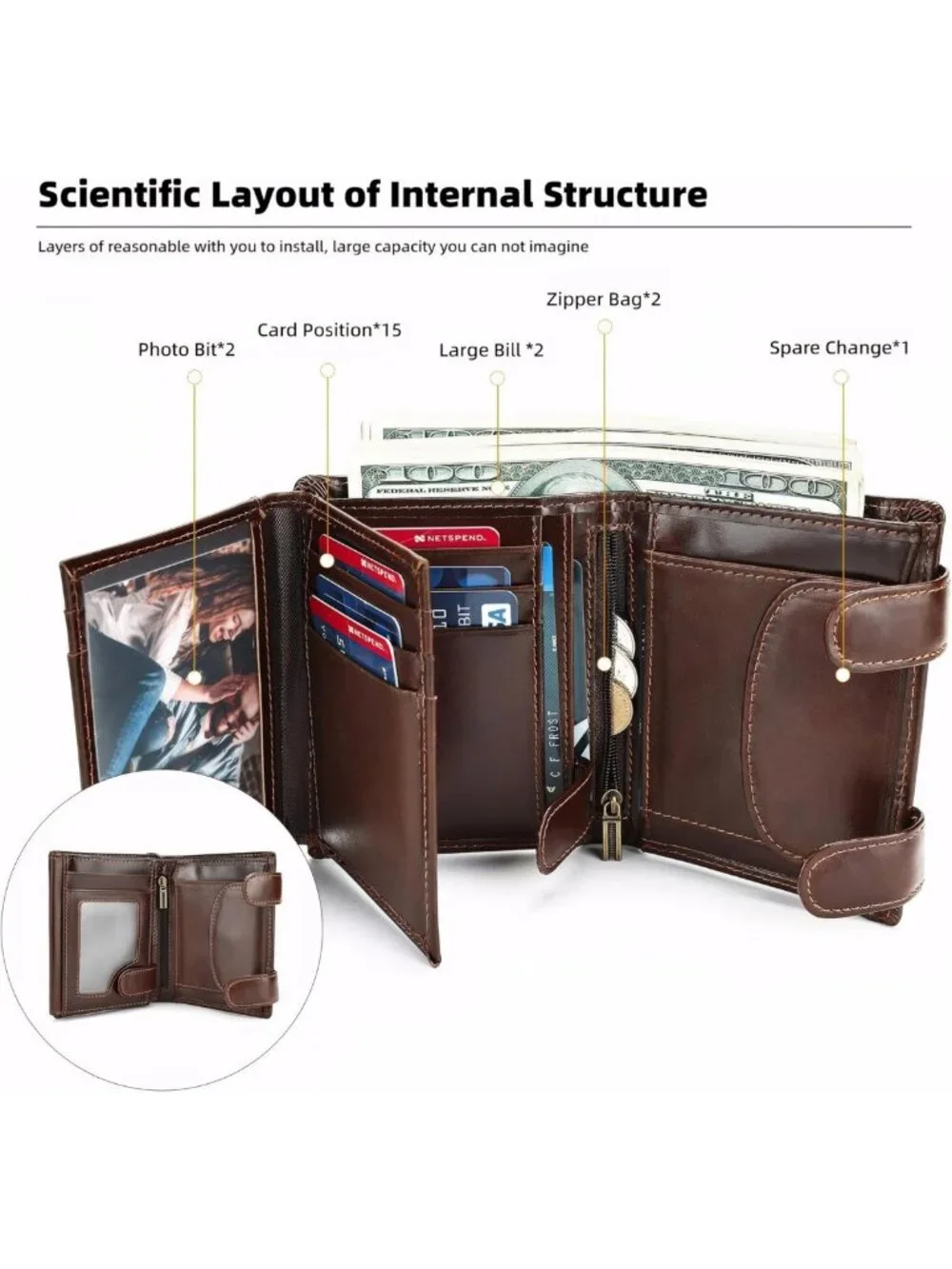 Large Capacity RFID Blocking Leather Trifold Wallet for Men - 15 Card Slots